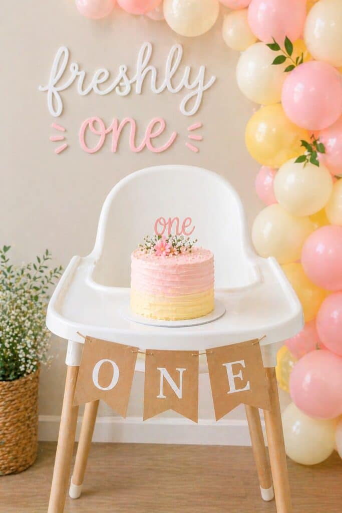 High chair setup with pink and yellow smash cake and “freshly one” banner for a first birthday lemon theme party