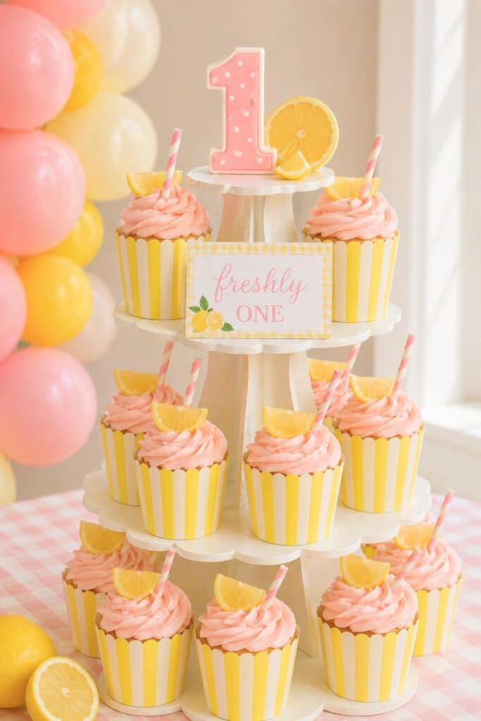 Freshly one first birthday cupcakes with pink frosting, lemon slices, and yellow striped wrappers on a tiered stand for a lemon themed baby girl party
