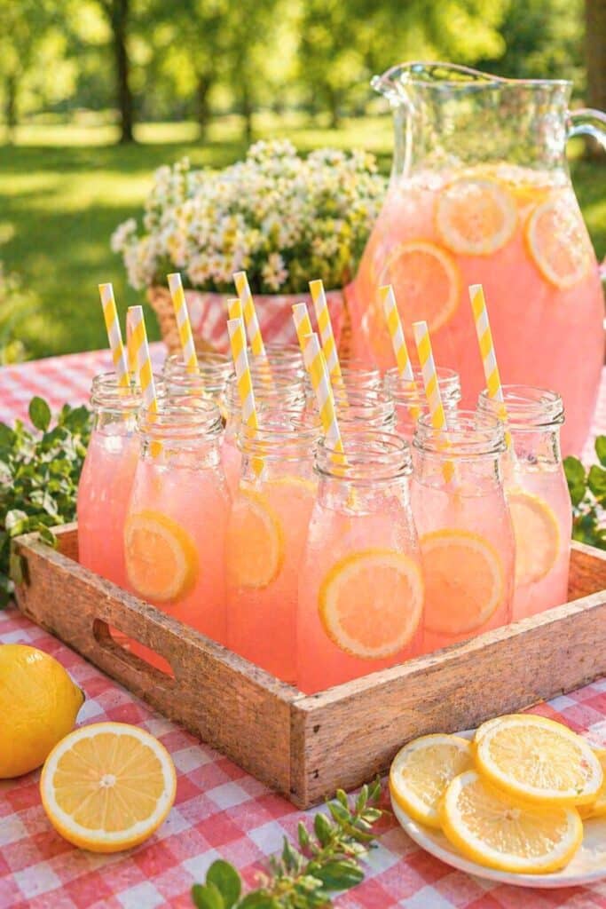 Lemonade drink station with pink lemonade, fresh lemon slices, and mason jars for a freshly one first birthday party setup