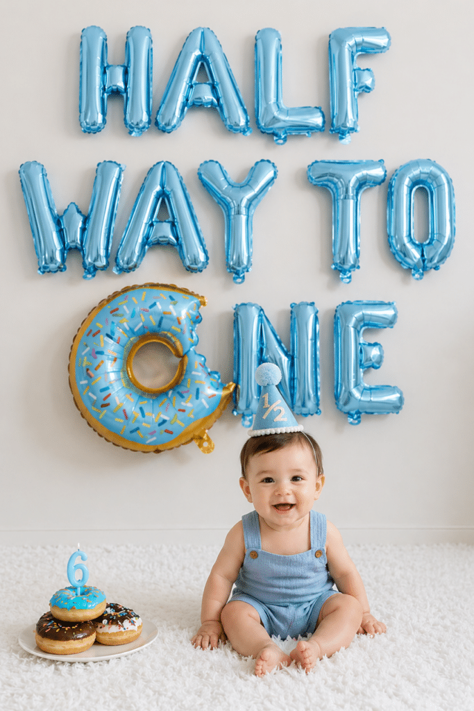 baby boy sitting in front of halfway to one balloon backdrop with donut decorations, cute half birthday setup idea for 6 months