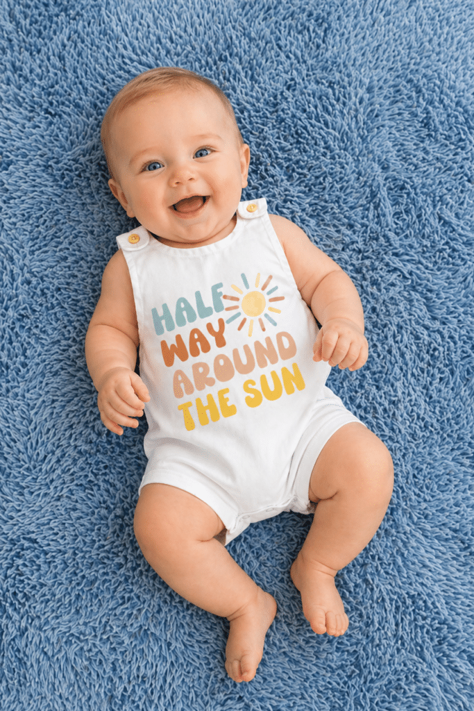 baby boy wearing halfway around the sun outfit lying on blue blanket, simple 6 month half birthday outfit idea