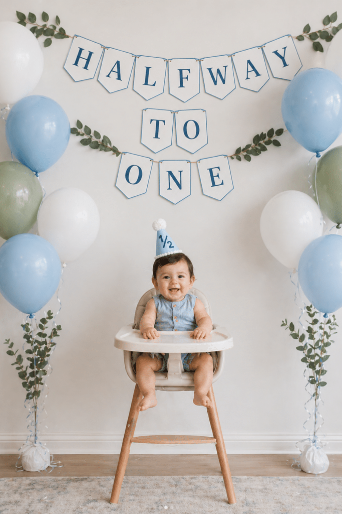 baby boy in high chair with halfway to one banner and blue balloon setup, easy half birthday party idea for 6 month baby boy