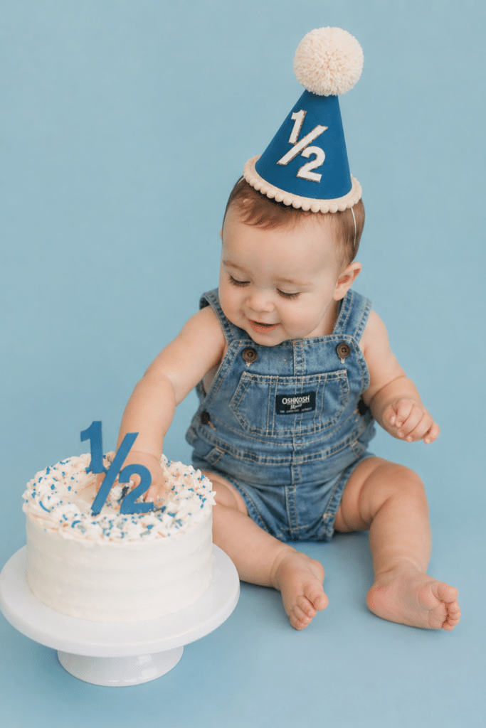 baby boy 6 month cake smash with half birthday cake and blue background, simple half birthday cake smash idea