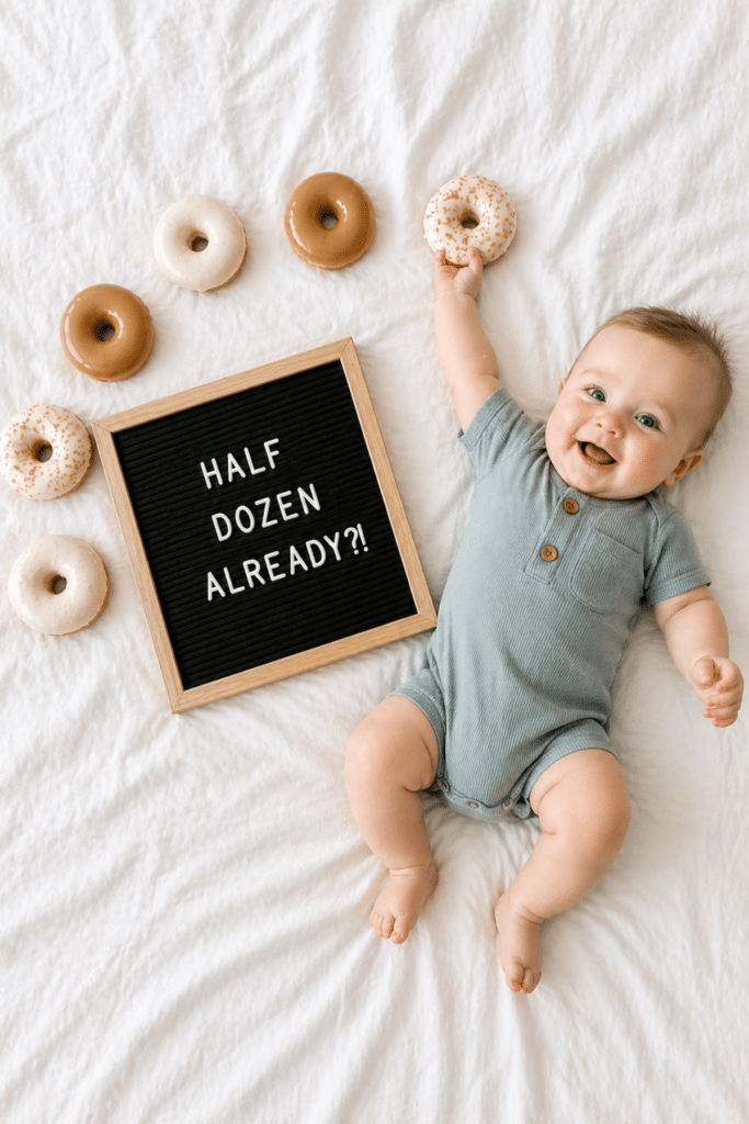 baby boy half birthday photo with donuts and letter board saying half dozen already, creative 6 month milestone idea