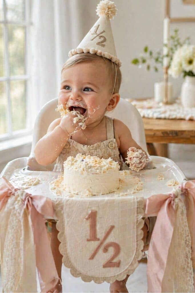 Simple cake smash half birthday photo for baby girl with neutral decor and soft pink accents, cute 6 month milestone picture ideas, cozy halfway to one photoshoot inspiration