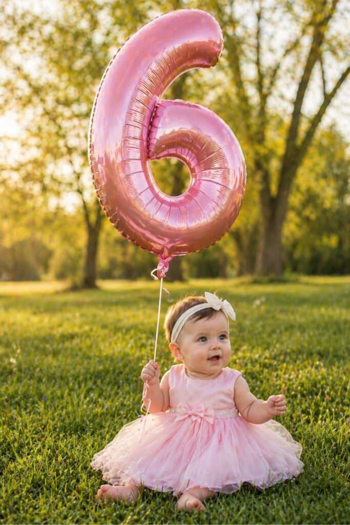 Outdoor 6 month milestone picture with giant pink number balloon, baby girl half birthday photo ideas, cute park photoshoot inspiration for a 6 month old girl