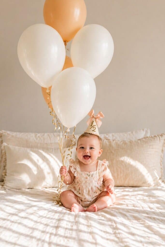 Neutral half birthday photo setup with balloons and party hat, simple 6 month baby girl milestone picture ideas, cozy at-home half birthday celebration inspiration