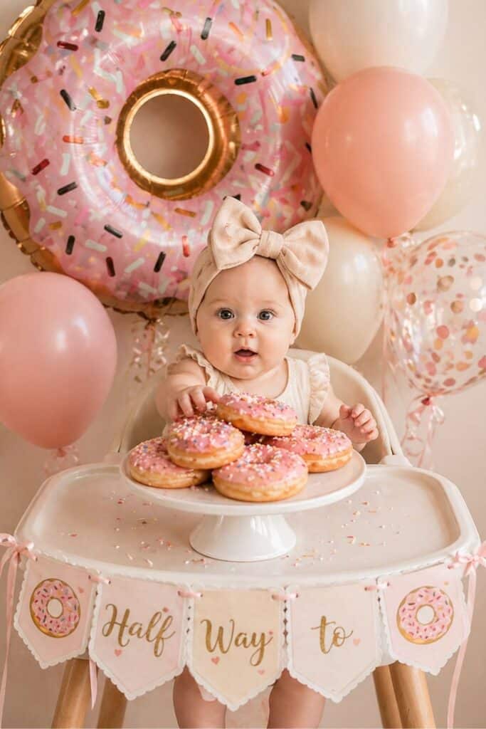 Donut themed half birthday photo idea for baby girl with pink donuts, sprinkle balloons, and “Halfway to One” banner, cute 6 month birthday photoshoot inspiration for girls