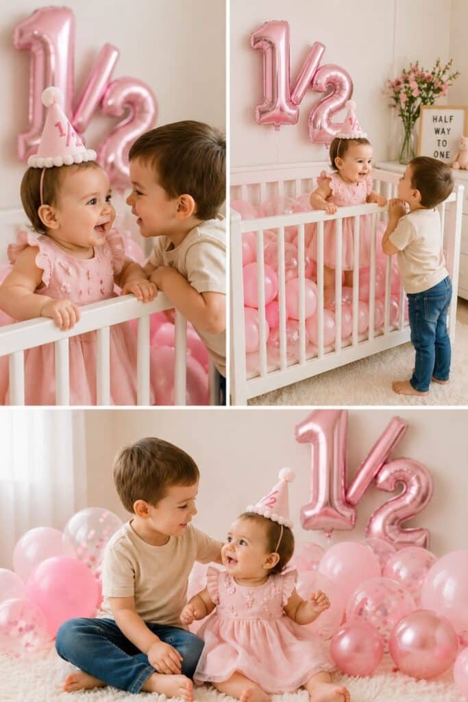 Baby girl half birthday photo idea with sibling brother in pink balloon-filled crib, cute 6 month birthday pictures, half birthday party ideas for girls, halfway to one photo inspiration