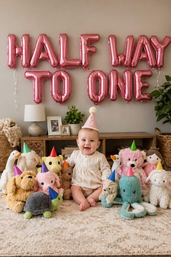 Stuffed animal half birthday setup with pink “Halfway to One” balloons, cute 6 month baby girl party ideas, cozy milestone photo inspiration for girls