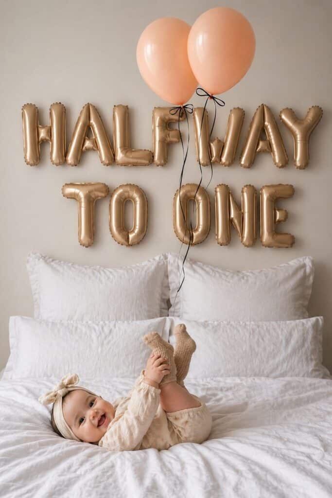 Neutral half birthday photo setup with “Halfway to One” balloons on bed, minimalist 6 month baby girl picture ideas, cozy half birthday decorations and milestone photos