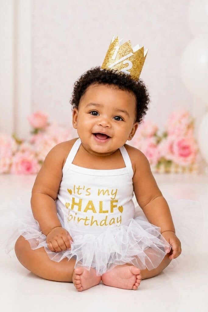 Baby girl wearing “It’s My Half Birthday” outfit and gold crown, cute 6 month milestone photo idea, simple half birthday pictures for girls, baby half birthday outfit inspiration