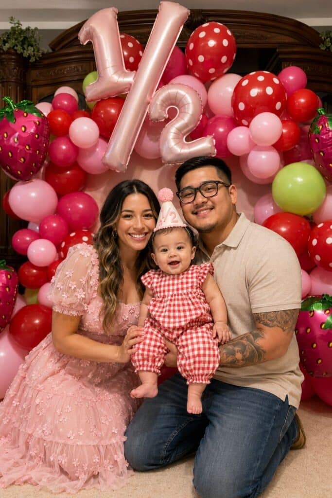 Strawberry themed half birthday family photo with pink and red balloons, adorable 6 month birthday party setup for girls, half birthday celebration ideas with parents