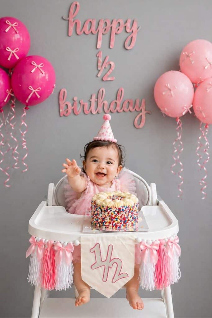Pink half birthday cake smash setup for baby girl with balloons and sprinkles cake, cute 6 month birthday party ideas, half birthday cake smash inspiration for girls