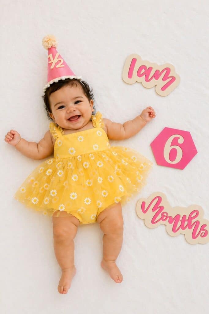 Yellow daisy dress 6 month milestone photo idea for baby girl, cute half birthday pictures, simple 6 month baby photoshoot inspiration with pink accents