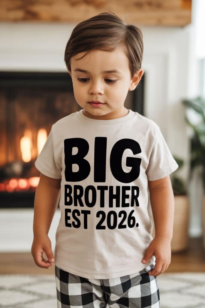 Toddler wearing âbig brother est 2026â shirt for second pregnancy announcement idea with sibling reveal at home