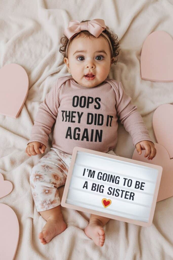 Baby girl wearing âoops they did it againâ outfit with big sister sign for funny second pregnancy announcement idea with sibling