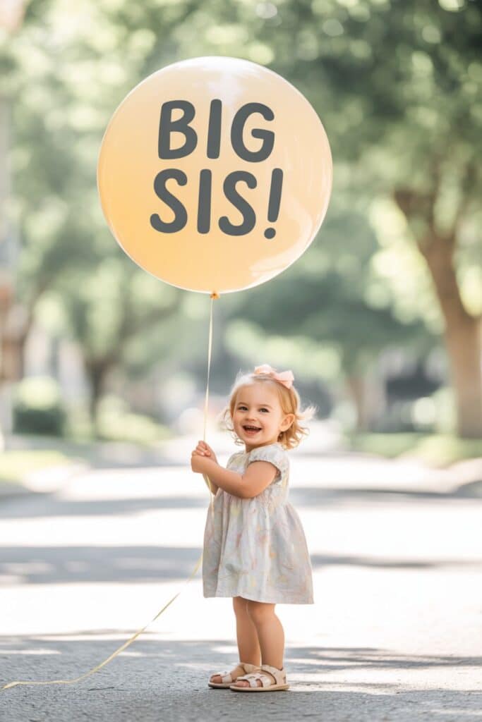 Toddler girl holding big sis balloon for simple second pregnancy announcement idea with sibling outdoors