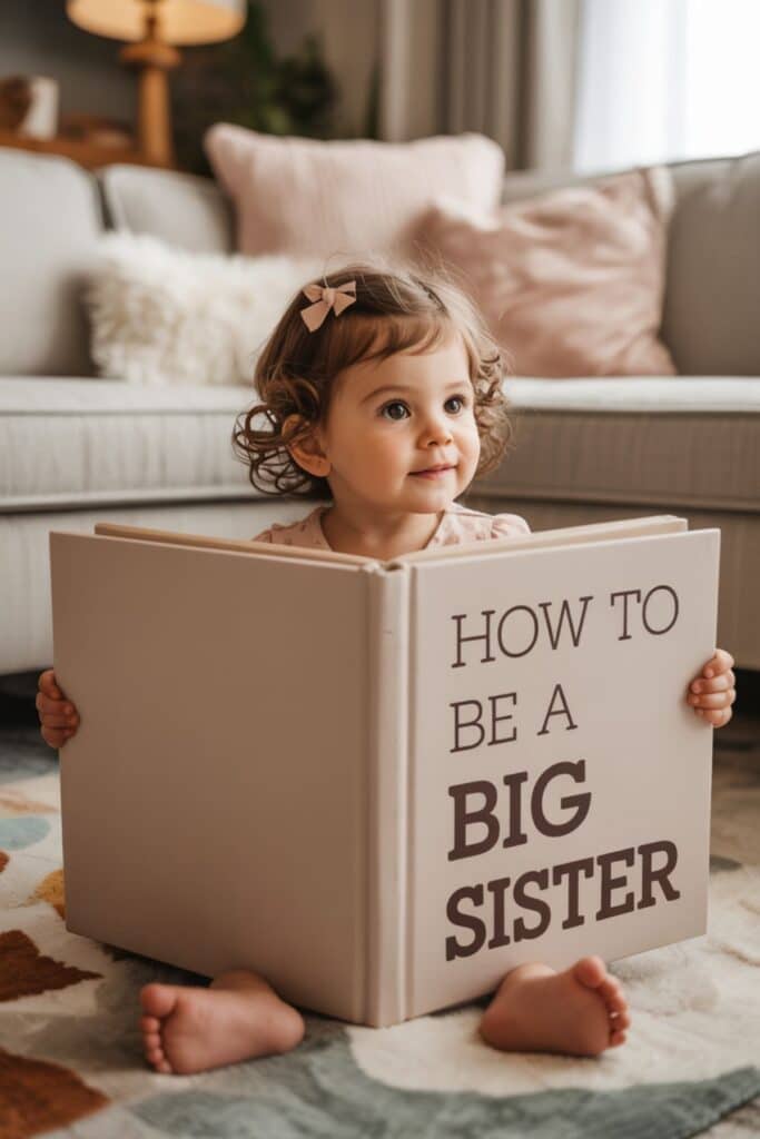 Toddler girl reading how to be a big sister book for second pregnancy announcement idea with sibling at home