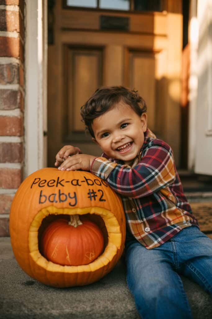 Cute toddler with pumpkin that says peek a boo baby #2 for fall second pregnancy announcement idea with sibling