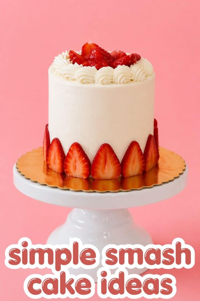 simple smash cake girl first birthday white cake with fresh strawberries on pink background