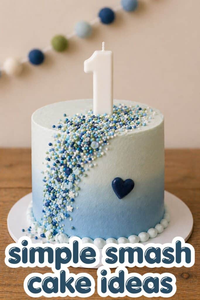 simple smash cake boy first birthday blue cake with sprinkle cascade and number one candle