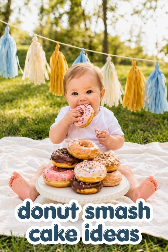 donut smash cake alternative first birthday baby photoshoot with donuts outdoor setup