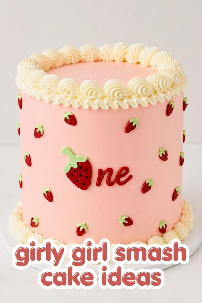 strawberry smash cake first birthday girl pink cake with strawberry decorations berry theme