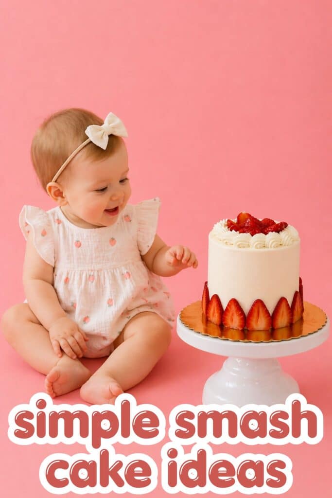 simple smash cake girl first birthday baby photoshoot with strawberry cake pink background