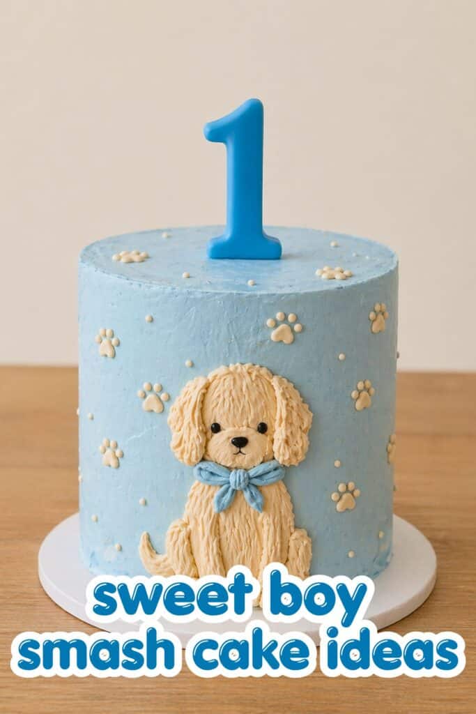 puppy smash cake boy first birthday blue cake with dog design and number one topper pet theme