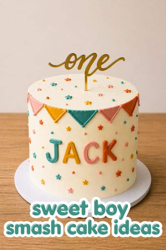 personalized smash cake first birthday boy name cake with bunting banner and colorful sprinkles