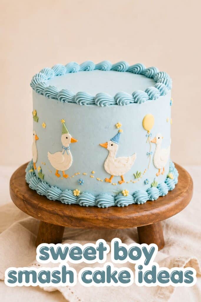 one silly goose smash cake boy first birthday light blue cake with cute goose designs and farm animal theme