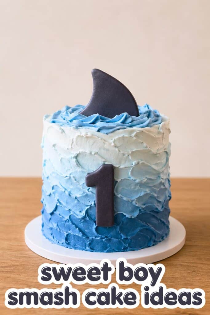 shark smash cake boy first birthday blue ombre ocean cake with shark fin topper and number one