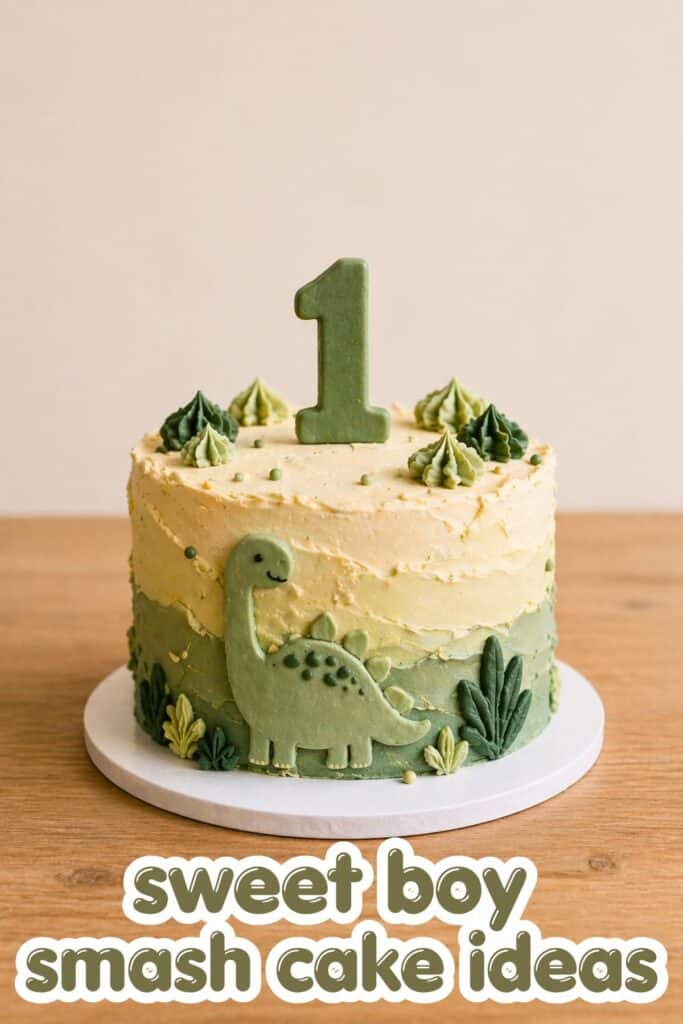 dinosaur smash cake boy first birthday green dino cake with number one topper jungle theme