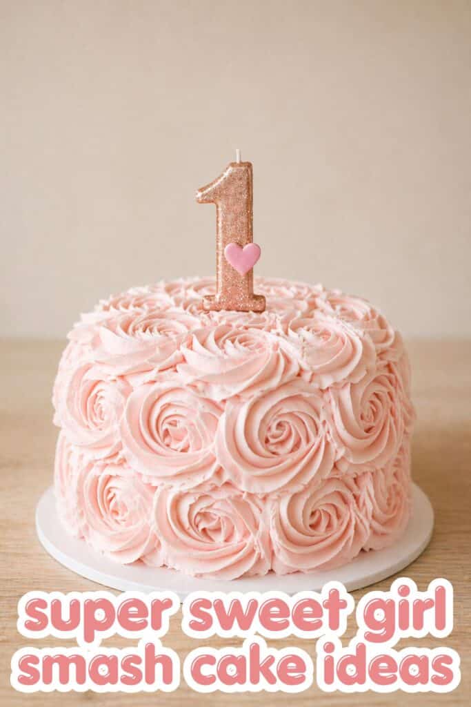 pink rosette smash cake first birthday girl cake with number one topper floral buttercream design