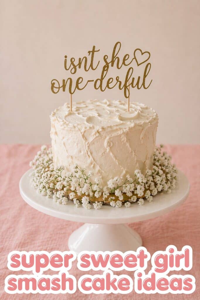 first birthday girl smash cake isnt she one derful cake with neutral frosting and gold topper