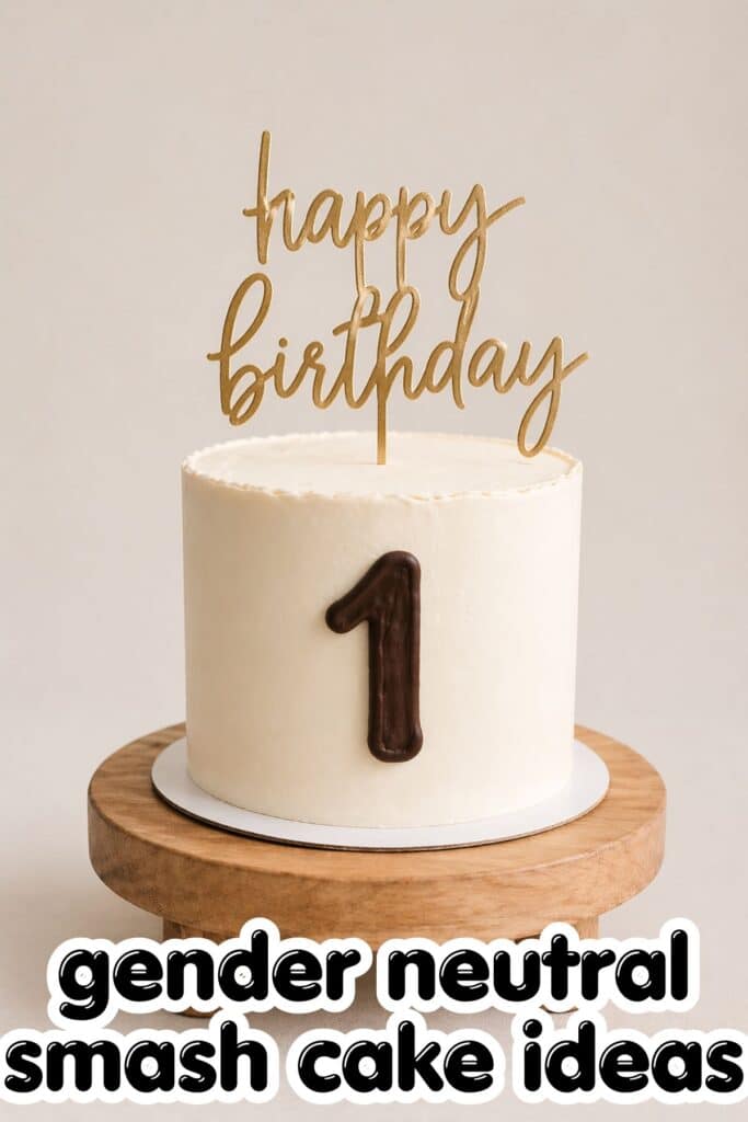 neutral smash cake first birthday white cake with number one and happy birthday topper simple design