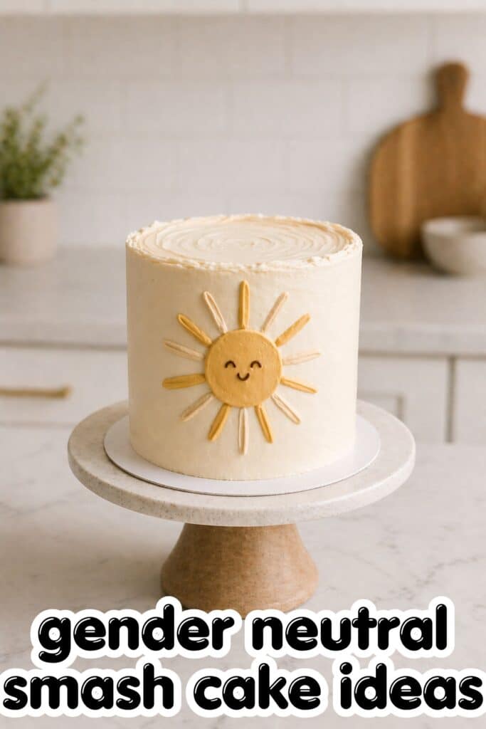 neutral sunshine smash cake first birthday simple cream cake with sun design minimalist style
