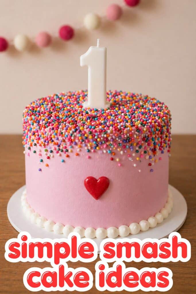 simple smash cake girl first birthday pink cake with rainbow sprinkles and number one candle
