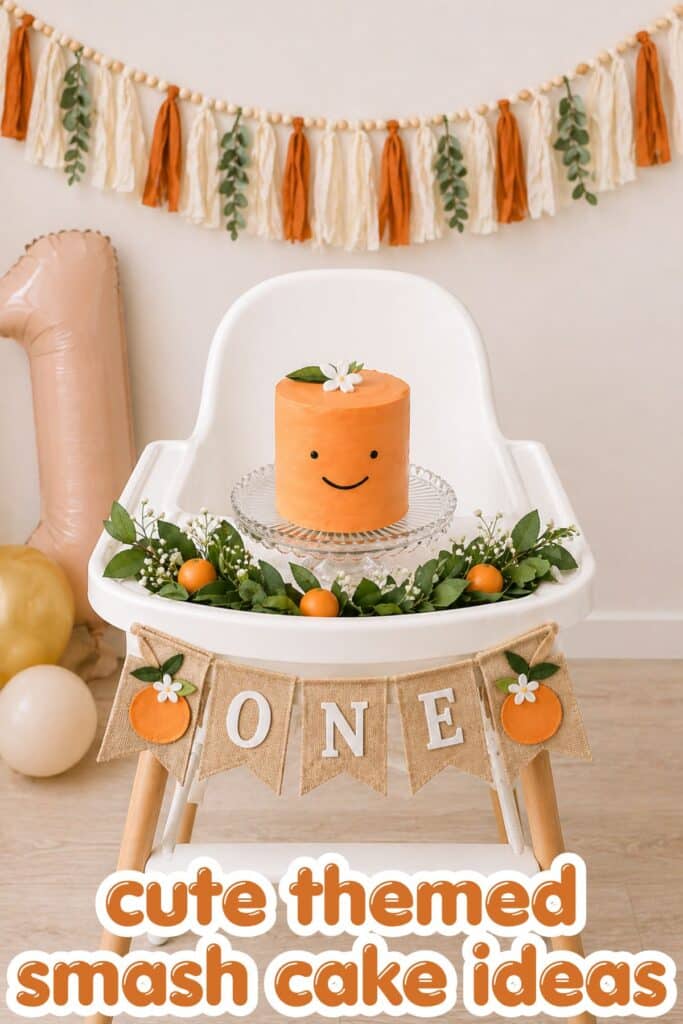 little cutie smash cake first birthday orange theme cake with high chair setup and citrus decorations