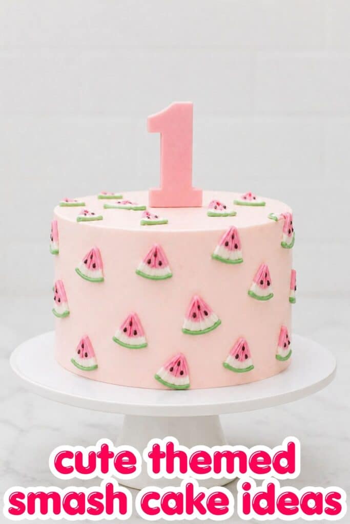 watermelon smash cake first birthday pink cake with watermelon details and number one topper