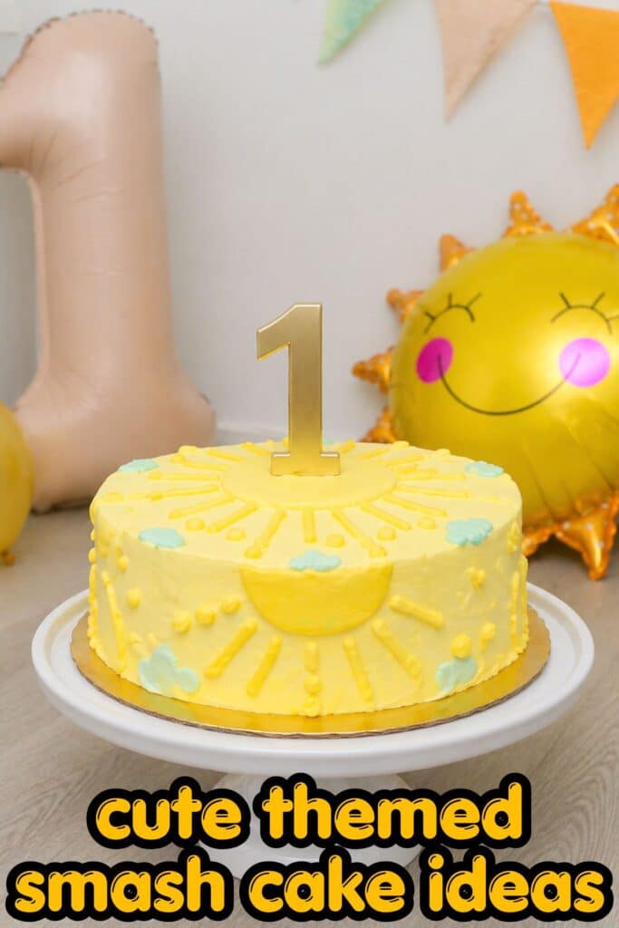 sunshine smash cake first birthday yellow cake with sun design and number one topper