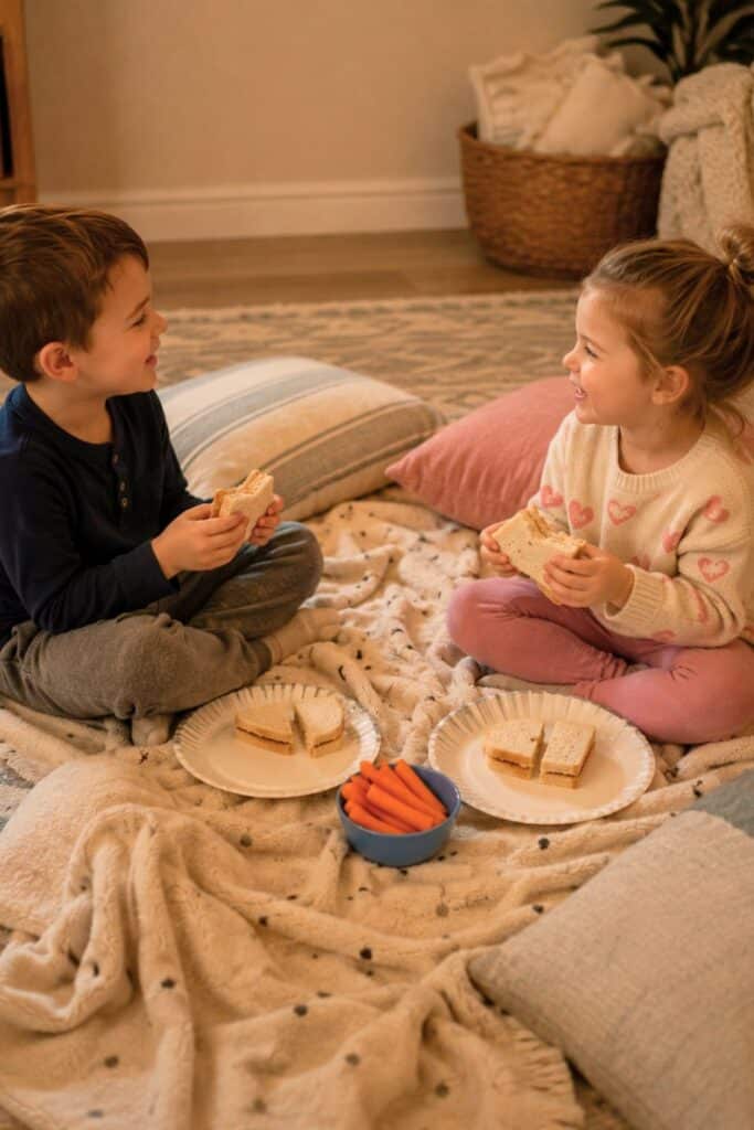 Two young kids sitting on blankets and pillows on the living room floor eating sandwiches together during a cozy indoor picnic dinner. The simple family setup includes paper plates, soft blankets, and easy finger foods for a fun kid-friendly dinner tradition.