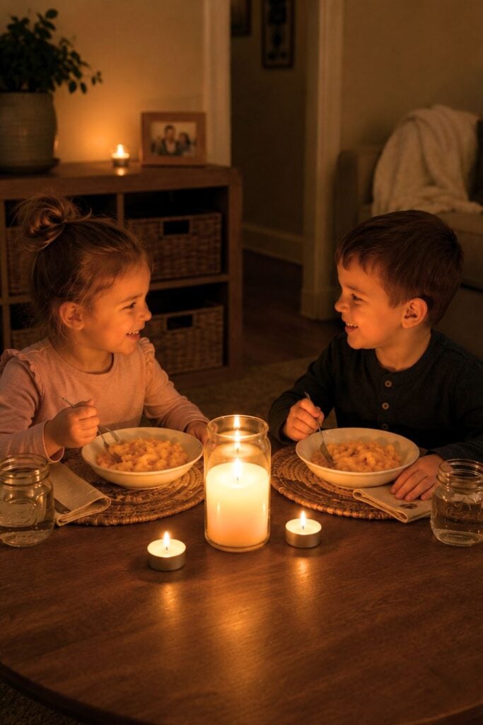 Two young kids eating mac and cheese by candlelight at a cozy dinner table with the kitchen lights turned off. The warm family dinner setup includes glowing candles, simple place settings, and a calm atmosphere that makes an ordinary weeknight meal feel special for kids.