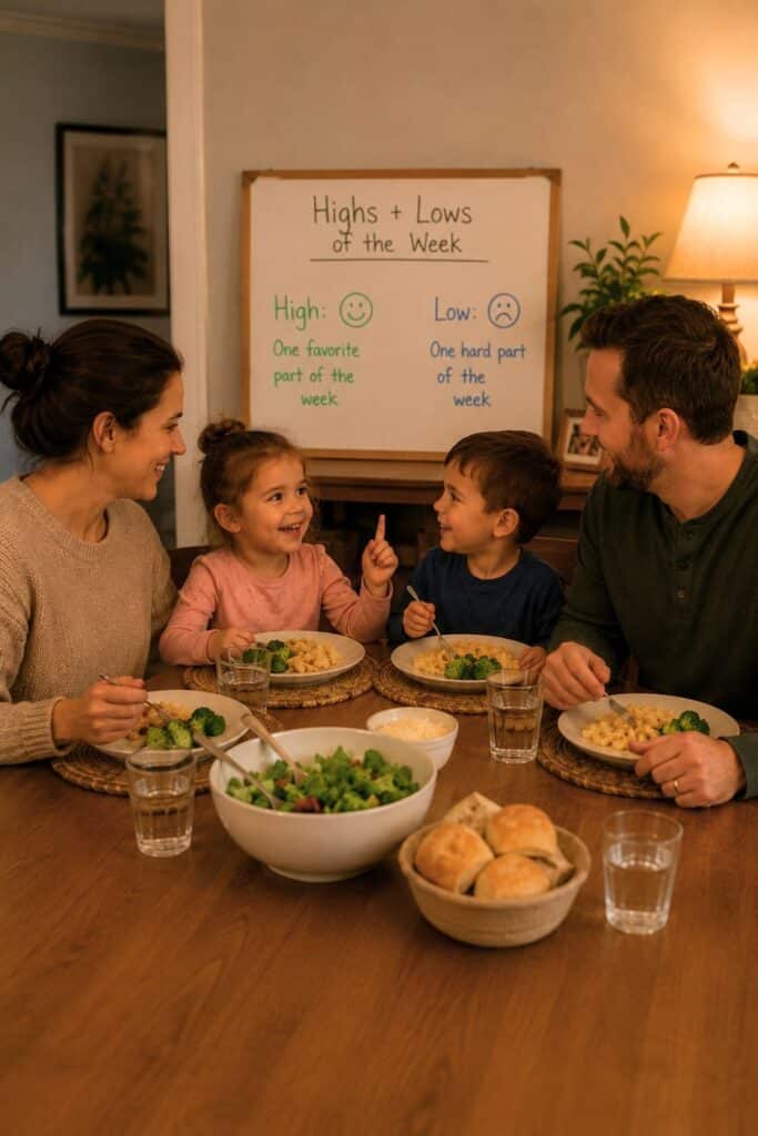 Family sitting around the dinner table sharing their highs and lows of the week during a cozy evening meal. A whiteboard in the background reads “Highs + Lows of the Week” while parents and young kids talk and laugh together during a meaningful family dinner tradition.