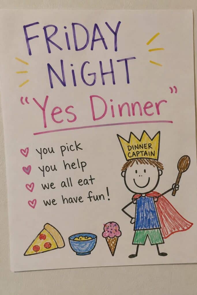 Handmade “Friday Night Yes Dinner” poster taped to a wall with colorful marker lettering, kid-style drawings, and a Dinner Captain character holding a spoon. The poster includes fun family dinner tradition ideas like letting kids pick the meal, help cook, and enjoy pizza and ice cream together.