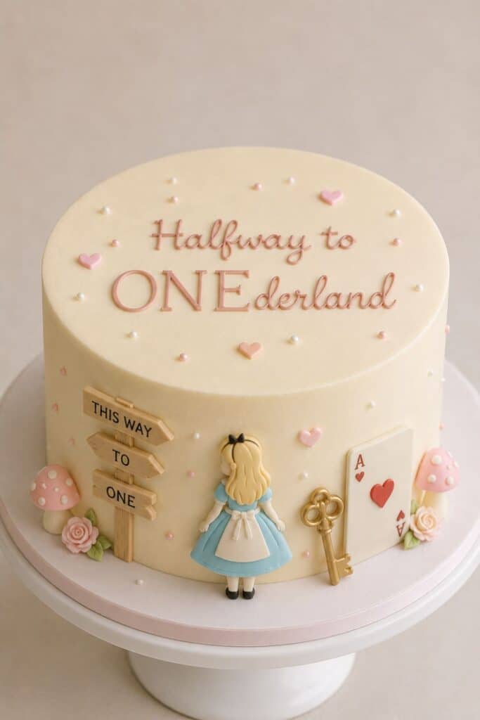 Halfway to ONEderland half birthday cake with pastel Alice in Wonderland decorations, pink hearts, pearls, playing card details, and a six month birthday theme for a baby girl celebration.