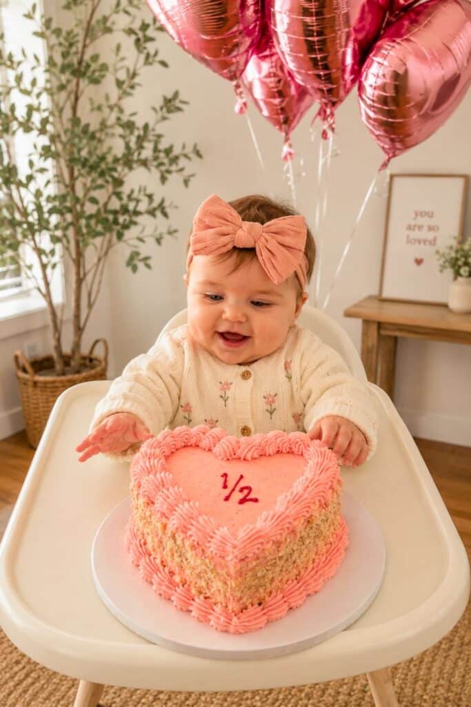 Baby girl celebrating her half birthday with a pink heart-shaped smash cake, rose gold balloons, and a cozy six month birthday setup in a high chair.