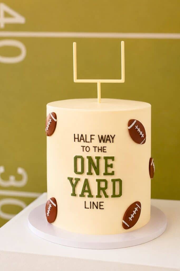 Minimal modern football half birthday cake with “Half Way to the ONE Yard Line” text, fondant football decorations, and a simple goal post topper for a baby boy 1/2 birthday celebration.
