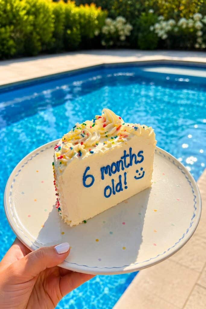 Slice of half birthday cake with “6 months old!” written in blue frosting, colorful sprinkles, and buttercream swirls photographed poolside for a fun summer 1/2 birthday celebration.
